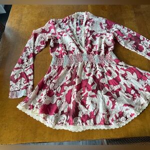 Johnny Was Silk Top xSmall xs flower pink cream Floral Boho Babydoll v neck